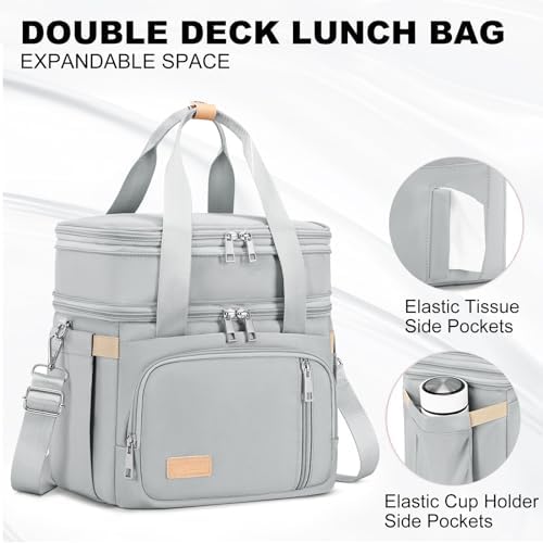 MAPLELILY Lunch Box for Men Women - Double Deck Insulated Lunch Bag, Large Leak Proof Tote Cooler, Wide Open Dual Compartment Lunch Bags with Shoulder Strap, For Work Picnic Hiking Beach, Grey