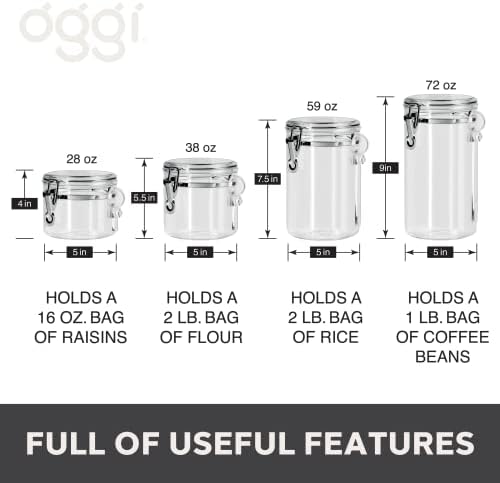 Oggi 4pc Clear Canister Set with Clamp Lids Airtight Containers in Sizes Ideal for Kitchen & Pantry Storage of Bulk, Dry Foods Including Flour, Sugar, Coffee, Rice, Tea, Spices & Herbs (Pack of 3)