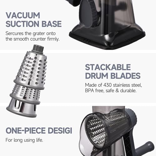 Rotary Cheese Grater with Handle Kitchen Shredder Slicer Grater Slicer Ice Shaver Cheese Vegetable Nuts Potato Zucchini Chocolate 3 Interchangeable Blades (Grey TSP)