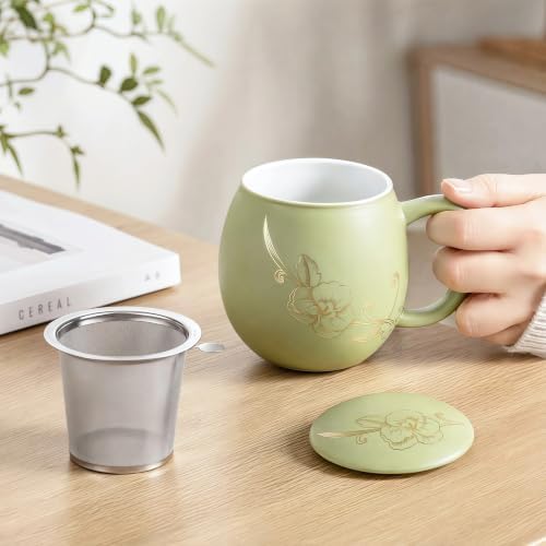 Yundu 12 OZ Ceramic Mug with Lid & Tea Strainer - Matte Light Green Tea Cup with Golden Flower, Stainless Steel Infuser for Loose Leaf Tea