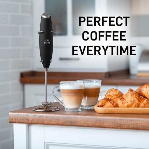 Zulay Kitchen Powerful Milk Frother Wand With Duracell Batteries - Ultra Fast Handheld Drink Mixer - Electric Whisk Foam Maker for Coffee, Lattes, Cappuccino & Matcha - Double Whisk - Royal Black