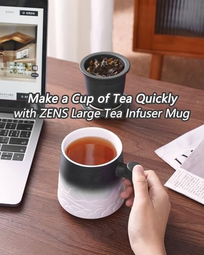ZENS Tea Mug with Infuser and Lid for Loose Leaf Tea Steeper, 16.9oz White