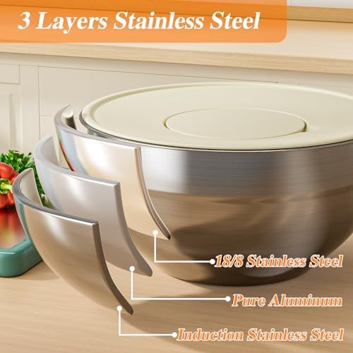 Mixing Bowls with Lids Set, 6 PCS Stainless Steel Mixing Bowls with 3 Grater Attachments, Kitchen Food Storage Organizers Nesting Mixing Bowl, Large Size 4.5, 3.5, 2.1, 1.5, 1.1, 0.7QT