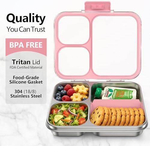 HOMEKOL Stainless Steel Bento Lunch Box 3-Compartment, 4.2Cups, Pink