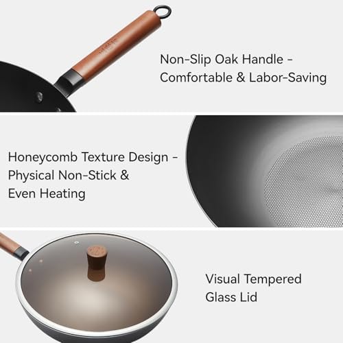 WANGYUANJI 12.6" Carbon Steel Wok Pan with Lid, Flat Bottom Chinese Wok
