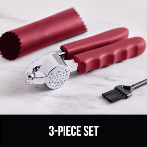 GORILLA GRIP Garlic Peeler and Press Set, Heavy Duty Mincer, Red