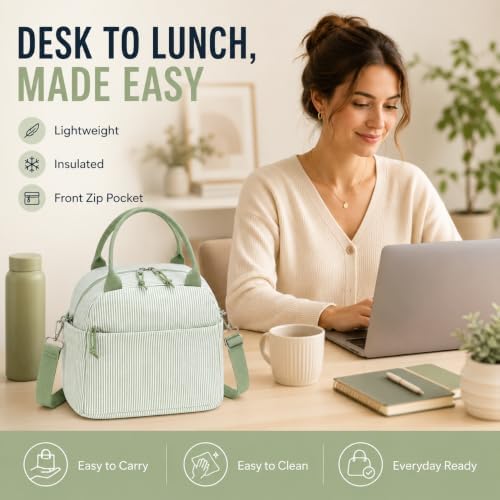 Bluboon Lunch Box for Women Cute Lunch Bag Reusable Insulated Lunch Bags Large Capacity Lunchbox Cooler for Work Picnic or Travel Gifts (A Sage Green White Stripes-13L, 10 x 7.5 x 8 inches)