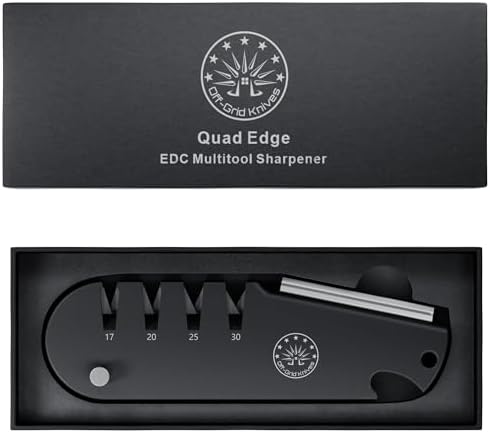 Off-Grid Knives - QuadEdge Knife Sharpener with 4 Angles: 17° | 20° | 25° | 30°, Diamond Rod, Fishing Hook Sharpener, Ceramic Honing Stone – Camping, Fishing, Hunting, Boating (Black)