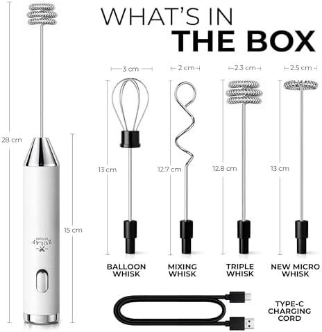 Zulay Kitchen Rechargeable Milk Frother Handheld - Frother Wand, Drink Mixer, Electric Whisk Frother, for Cappuccinos, Matcha & Protein Powder - Ultra Metal 4 Whisk, 1800mAh White