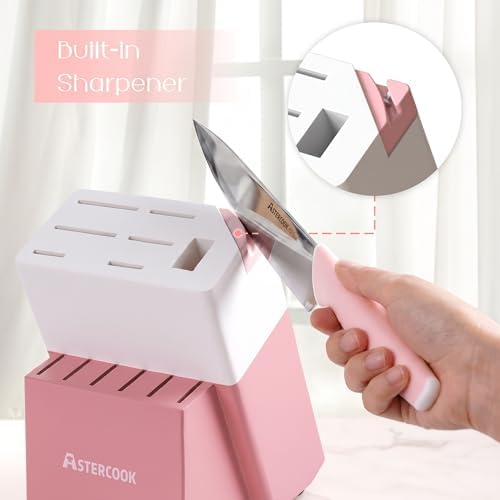 Astercook Knife Set, Kitchen Knives Set with Block and Sharpener 15 Pcs German Stainless Steel Sharp Blade Dishwasher Safe with Ergonomic Handle, Crystal Pink