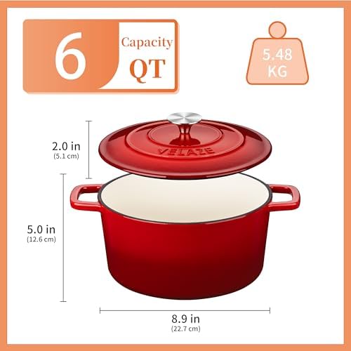 Velaze 6 QT Enameled Cast Iron Dutch Oven Pot with Lid, Red