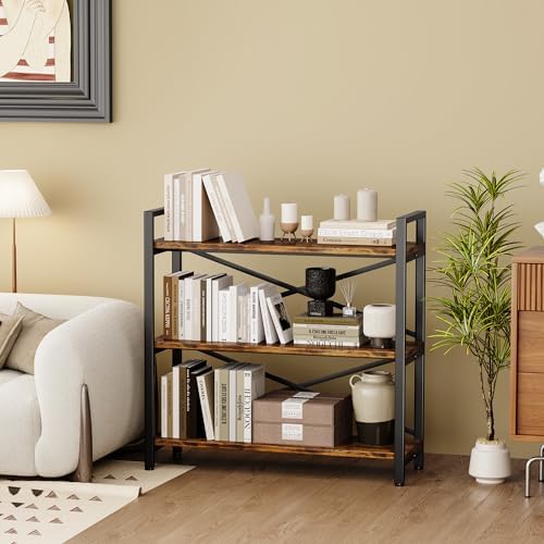 3 Tier Bookshelf 31.49" Width, Wood and Metal Etagere Bookcase, Vintage Farmhouse Modern Wooden Big Book Shelf for Home Living Room Bedroom Office Storage(Rustic Brown)