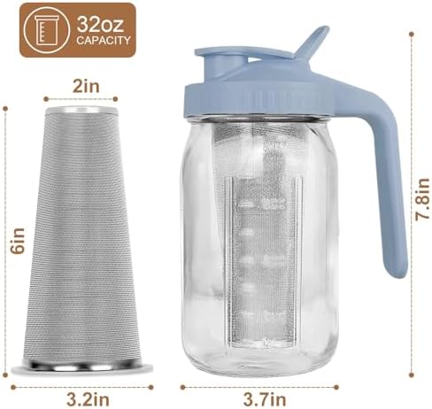 Cold Brew Coffee Maker, 32 oz Mason Jar Pitcher with Stainless Steel Filter, Pour Spout Handle Lid, Heavy Duty Glass Airtight & Leak-Proof for Iced Coffee,Tea & Lemonade