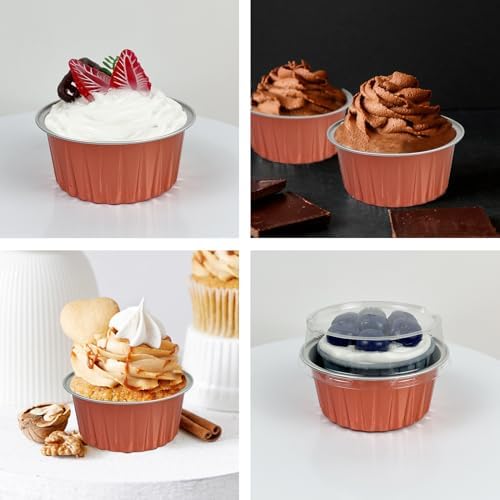 100Pcs Aluminum Cups with Lids,5oz Disposable Ramekin Baking Cups Muffin Liners Mini Pie Pans Foil Cupcake Containers for Christmas Party Wedding Party,Orange