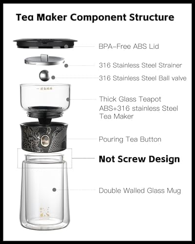 ZENS Glass Infuser Teapot, Cool One Touch Tea Maker For Loose Tea, Dragon