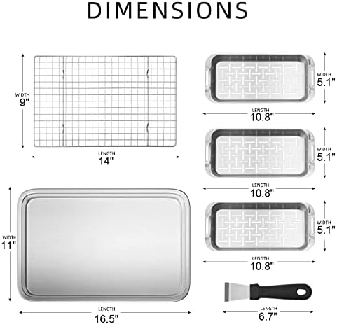 VIKEYHOME Grill Carry System, 6-Piece Stainless Steel Large Food Prep Tray, 16.5" x 11" Pan, Outdoor Grill with Cooling Rack for Vegetables, Fish, Meat, Great Grilling Gifts for Men