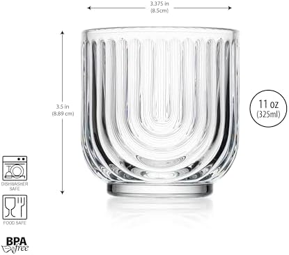 Glaver's Vintage Glassware Art Deco Glasse Ribbed Drinking Glasses U-Shape Arch Design Colored Cocktail Kitchen Tumblers Everyday Dinner Decorative Party (Clear S/4 11oz)