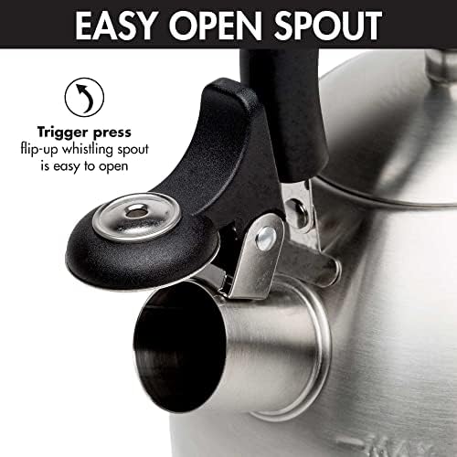 Primula Stewart Whistling Tea Kettle for Stovetop, Stainless Steel Stove Top Kettle with Fast Boil Whistling Spout and Cool Touch Folding Handle, 1.5-Quart, Brushed Silver with Black Handle
