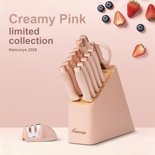 Knife Set, 15 PCS Pink Knife Block Set with 2-Step Sharpener
