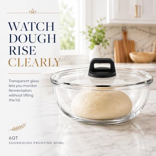 Large Glass Bowl for Sourdough Bread Making 6 QT Glass Mixing Bowl with Lid and Solid Black Bakelite Handle Clear Sourdough Bread Proofing Bowl with Cover Ideal for Baking Meal