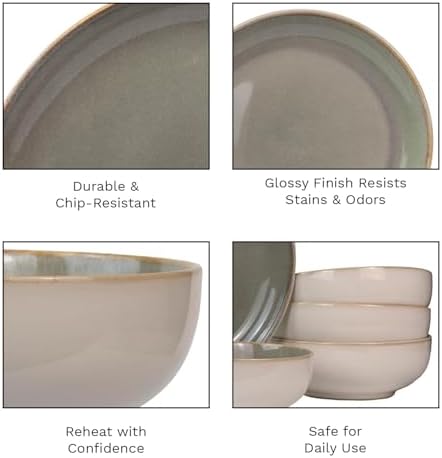 Sango 16-Piece Stoneware Dinnerware Set for 4, Glossy Cream/Green Big Dinner Plates and Bowls Sets with Reactive Glaze, Ceramic Dish Set, Modern Dishes, Microwave & Dishwasher Safe, Resona Moss