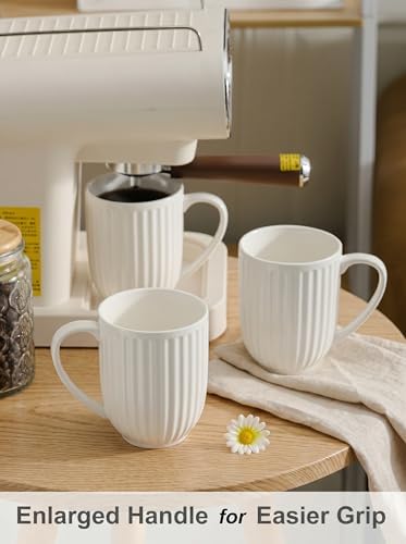 HASENSE Textured Large Coffee Mugs Set of 4, 16 Oz Ribbed Ceramic Cups with Large Handle for Latte Tea Cappuccino, Stackable Embossed Mug Set for Mom Dad, Microwave Dishwasher Safe, Creamy White