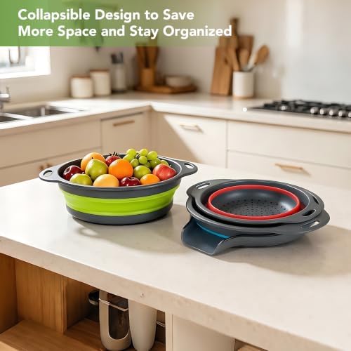 3-Pack Collapsible Colander for Kitchen with Self-Draining Base Foldable Strainers Set Round Food Drainer for Pasta Fruits and Vegetables (3QT, 4QT and 5QT)