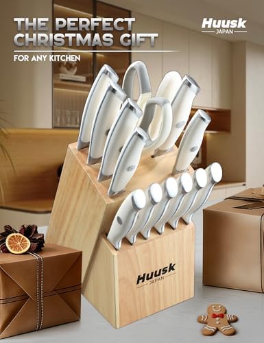 Huusk Knife Set with Block - Chef Knife with Natural Block Ivory White 14PC