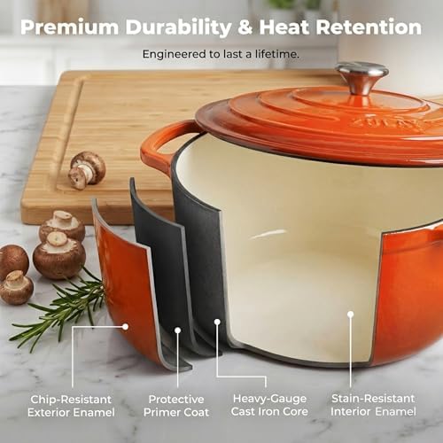 Zulay Kitchen 6 Quart Enameled Cast Iron Dutch Oven Pot with Lid – Premium Durability & Oven Safe up to 500°F – Heavy Duty Cookware Perfect for Bread Baking, Stews, Braising & Roasting – Orange
