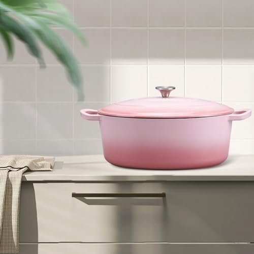 Leonyo 5-Quart Enameled Cast Iron Oval Dutch Oven Pot with Lid, Pink