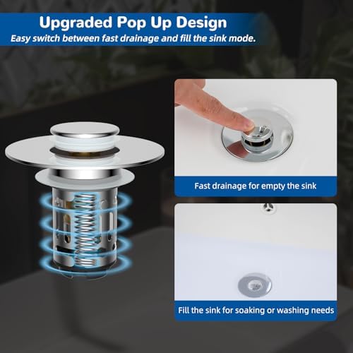 Hibbent 2 PCS Upgraded 3 in 1 Bathroom Sink Drain Strainer, Pop Up Stopper