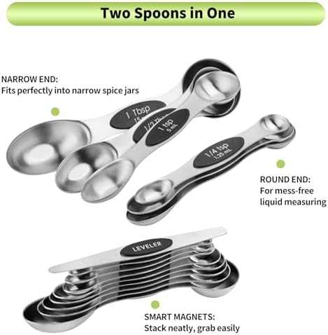 Magnetic Measuring Spoons Set Stainless Steel with Leveler, Dual-Sided Metal Measuring Spoons for Baking & Cooking, Fits in Spice Jars, Must-have Kitchen Gadgets, 8 Measuring Spoons & 1 Leveler, Black