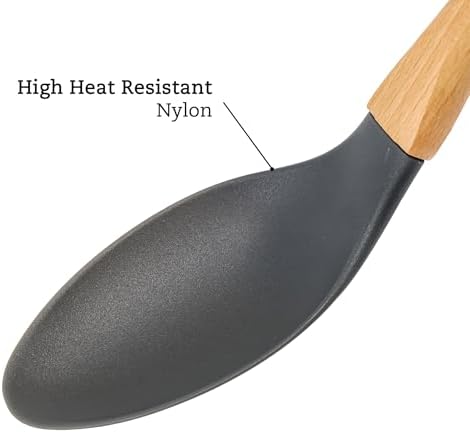 Beille 2pc Spoons Grey Nylon Kitchen Utensils Set with Soft Grip Ergonomic Wooden Handles High Heat Resistance