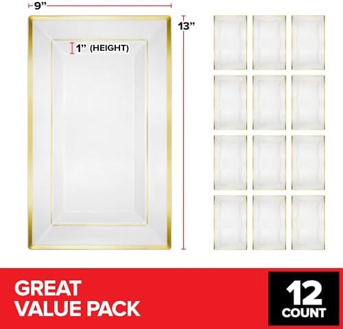 (120 Pcs) Premium White and Gold Plastic Serving Tray, Plastic Serving Platter Disposable, White Rectangle Party Trays and Platters for Fruit, Dessert, Cookies, Appetizers, Holiday Parties