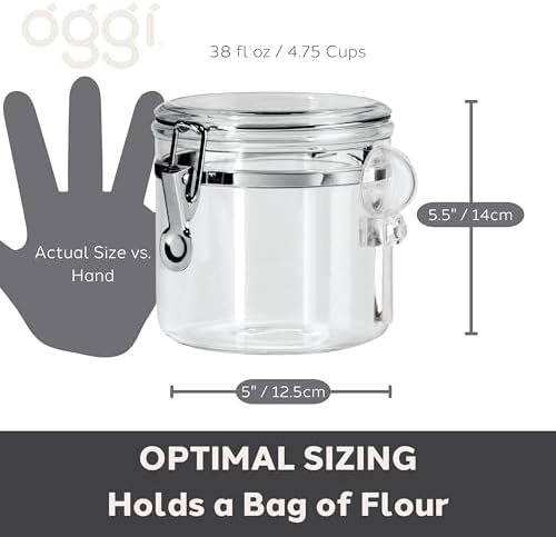 OGGI Clear Canister Airtight 38oz - Clamp Lid & Spoon - Airtight Food Storage Containers, Ideal for Kitchen & Pantry Storage of Bulk, Dry Food Including Flour, Sugar, Coffee, Rice, Tea, Spices & Herbs