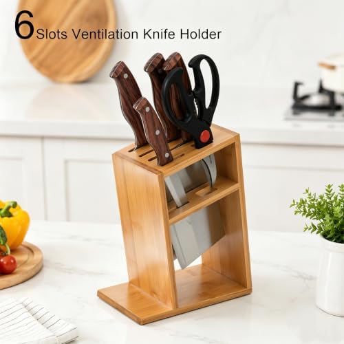 6 Slots Slantend Knife Organizer, Wood Knife Stand Block for Countertop