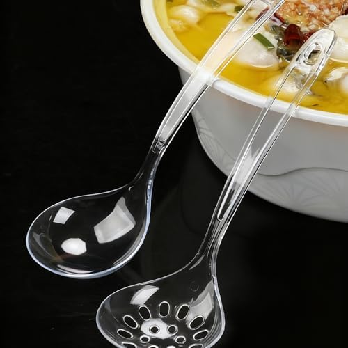 Large Plastic Serving Spoons,Disposable Heavy Duty Serving Spoons,Long Handle Scoop Soup Rice Ladle for Party Catering Buffet Restaurant,20 Pieces (10 Clear Colander +10 Clear Spoon)