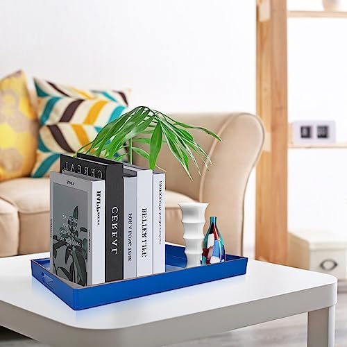 Gifturbo Blue Serving Tray,Decorative Serving Trays with Handles, Coffee Table Tray Ottoman Rectangular Plastic Tray for Living Room, Bathroom, 15.7” x 10.2” x1.37”