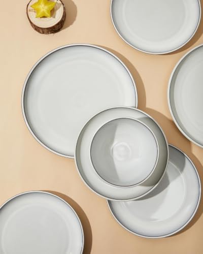 Pokini Stoneware Dinnerware Sets for 6, 18pcs Plates and Bowls Sets Dishes