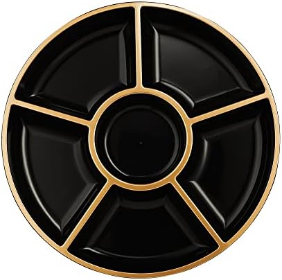 PLASTICPRO 6 Sectional Round Plastic Serving Tray/Platters Black & Gold Pack of 2