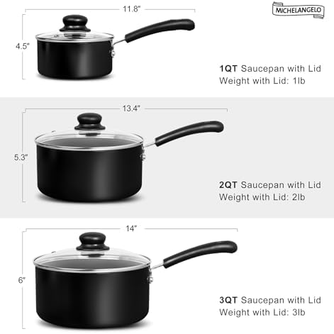 MICHELANGELO Nonstick Saucepan with Lid, Ceramic Sauce Pan Sets, Easy to Clean Sauce Pans, Multi-Purpose Cooking Pots, 1QT & 2QT & 3QT, Black