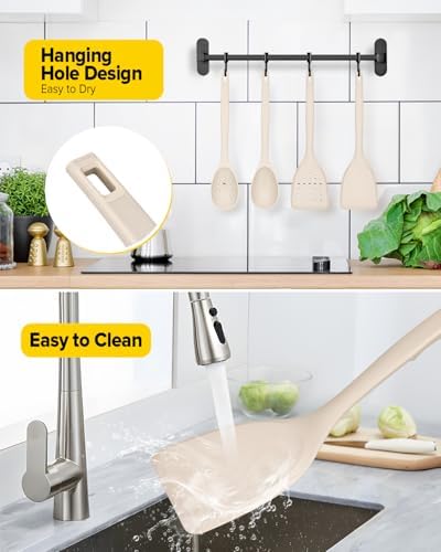 BUNDLEPRO Silicone Cooking Utensils Set, 4 Pcs Spatula and Spoon Set, Khaki