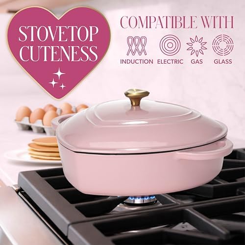 Paris Hilton Enameled Cast Iron Braiser, Heart-Shaped Skillet with Lid, Superior Heat Retention Casserole, Stovetop and Oven-to-Table, 3.5-Quart, Pink