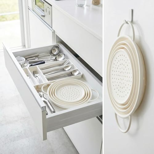 Collapsible Silicone Colander with Handles, Round Strainer with Stainless Steel Rim, Space Saving Kitchen Tool for Fruits & Vegetables,BPA-Free,Heat-Resistant Pasta Drainer(White, S+L)