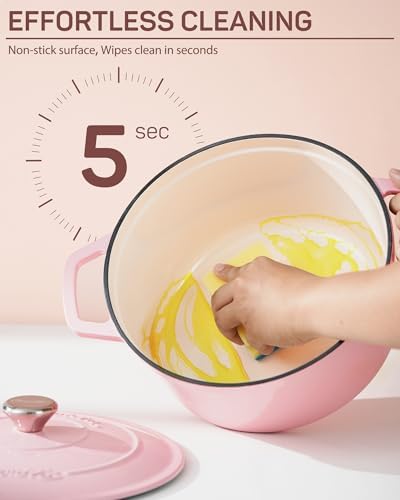 Ciwete Enameled Cast Iron Dutch Oven Pot, 4.4 Quart, Light Pink
