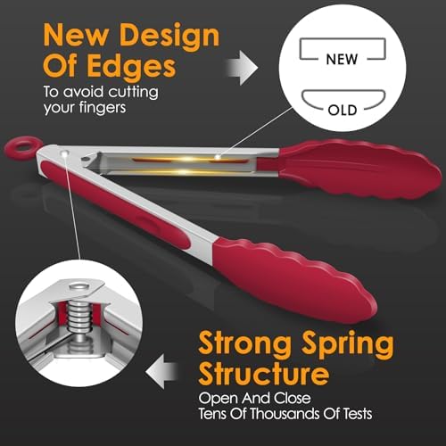 HOTEC Premium Stainless Steel Locking Kitchen Tongs with Silicon Tips, Set of 2-9" and 12"(Red)