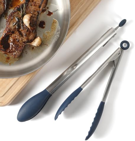 Calphalon Edge Tongs Set, 2-Piece Stainless Steel Kitchen Tongs Set with Silicone Heads, Includes 9-Inch & 12-Inch Heat-Resistant Locking Tongs for Cooking, Grilling & Serving