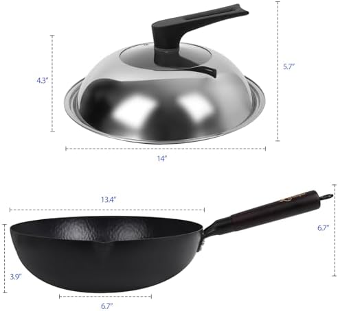 Souped Up Recipes 13.4 Inch Carbon Steel Wok For Electric, Induction and Gas Stoves (Lid, Spatula and User Guide Video Included)