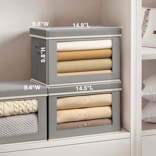 Homsorout Storage Bins, Storage Baskets for Shelves with Window, Fabric Storage Bins with Handle, Foldable Storage Cubes Boxes for Organizing for Clothes, Towels, Books, 3 Pack, Grey