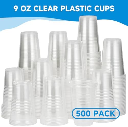 RACETOP 500 pack 9 oz Disposable Plastic Cups, Clear Plastic Cups Tumblers, Disposable Cups Bulk, Transparent for Wedding, Thanksgiving, Birthday, Halloween, Christmas Party